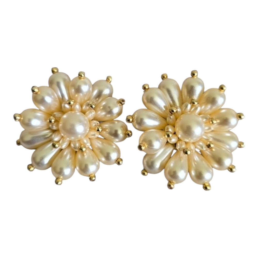 Vintage Faux Pearl Earrings Floral Gold Clip On Button